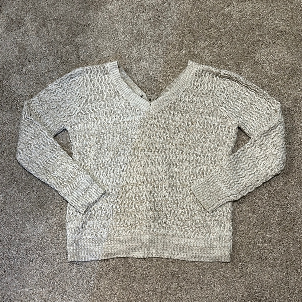 Vanity Cream V-Neck Sweater with Textured Knit and Tie String Back